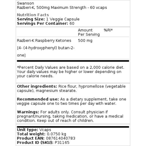 Swanson - Razberi-K, 500 mg maximale Stärke - 60 Kapseln – Bild 2