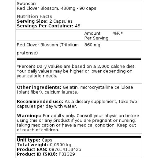 Swanson - Rote Kleeblüten, 430 mg - 90 Kapseln – Bild 2