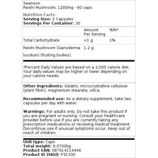 Swanson - Reishi-Pilz, 600 mg - 60 Kapseln – Bild 2