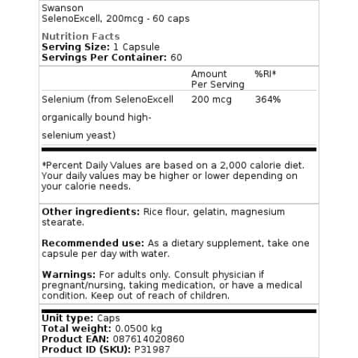 Swanson - SelenoExcell Selen, 200 mcg - 60 Kapseln – Bild 2
