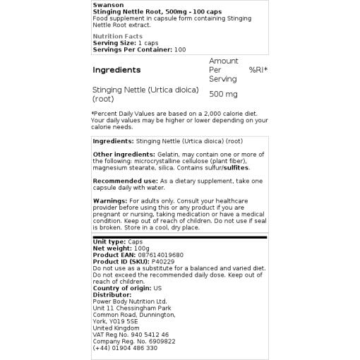 Swanson - Brennnesselwurzel, 500 mg - 100 Kapseln – Bild 2