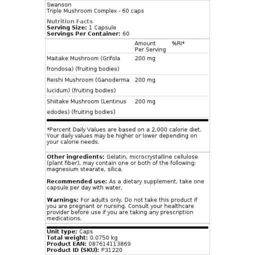 Swanson - Dreifacher Pilzkomplex - 60 Kapseln – Bild 2