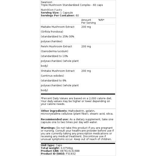 Swanson - Standardisierter Dreifach-Pilz-Komplex - 60 Kapseln – Bild 2