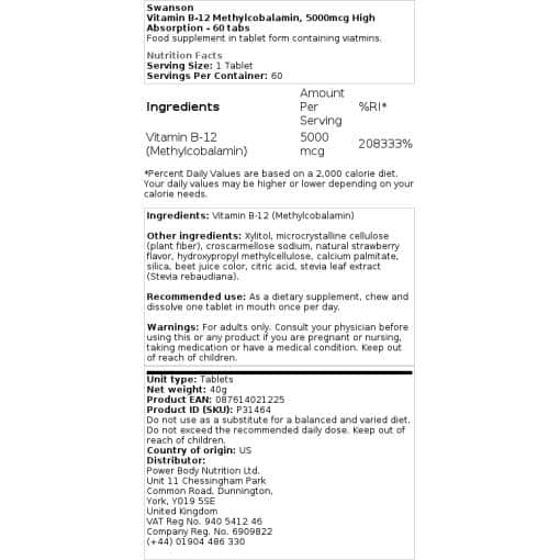 Swanson - Vitamin B-12 Methylcobalamin, 5000 mcg mit hoher Bioverfügbarkeit - 60 Tabletten – Bild 3