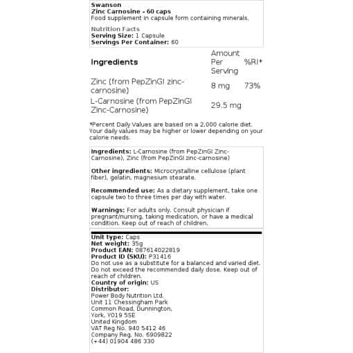 Swanson - Zink-Carnosin - 60 Kapseln – Bild 2