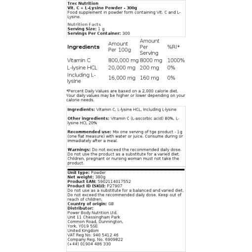 Trec Nutrition - Vit. C + L-Lysin Pulver - 300g – Bild 2