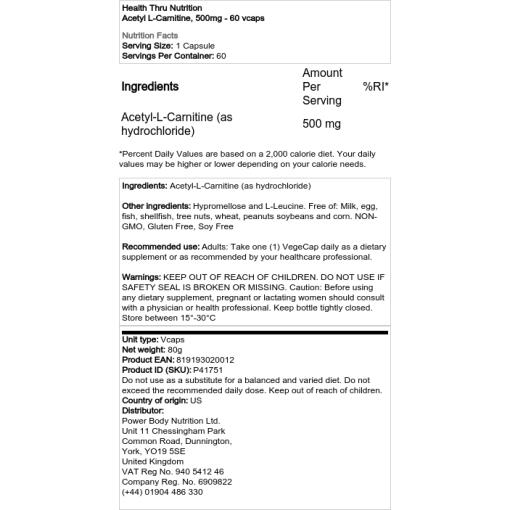 Health Thru Nutrition - Acetyl-L-Carnitin, 500 mg - 200 Kapseln – Bild 2