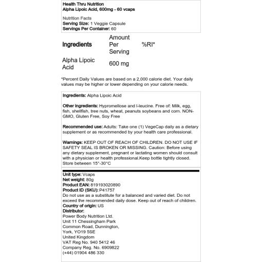Health Thru Nutrition - Alpha-Liponsäure, 600 mg - 120 Kapseln – Bild 2