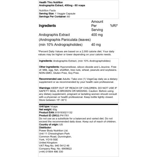 Health Thru Nutrition - Andrographis-Extrakt, 400 mg - 60 Kapseln – Bild 2