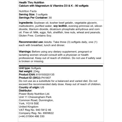 Health Thru Nutrition - Calcium mit Magnesium und Vitaminen D3 und K - 90 Weichgelatinekapseln – Bild 2