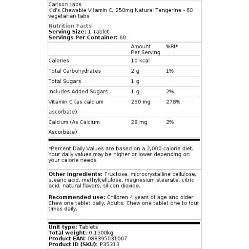 Carlson Labs - Kinder Kautabletten mit Vitamin C, 250 mg natürliche Mandarine - 60 vegetarische Tabletten – Bild 2