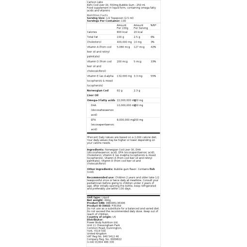 Carlson Labs - Kinder Kabeljau Leberöl, 550 mg natürliches Zitronenaroma - 250 ml – Bild 2