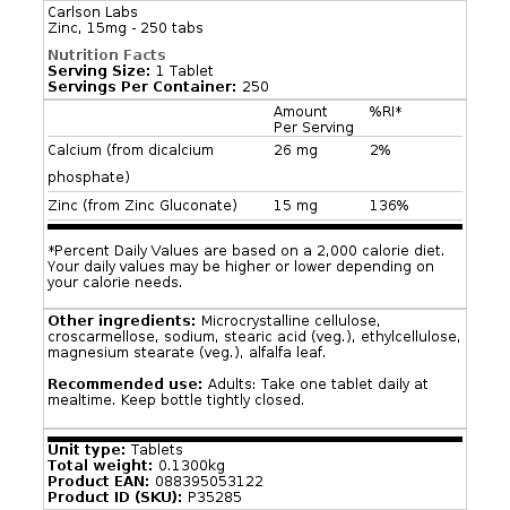 Carlson Labs - Zink, 15 mg - 250 Tabletten – Bild 2