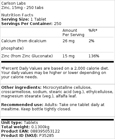 Carlson Labs - Zink, 15 mg - 250 Tabletten – Bild 2