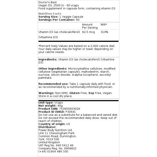 Doctor's Best - Veganes Vitamin D3, 2500 IE - 60 Kapseln – Bild 3