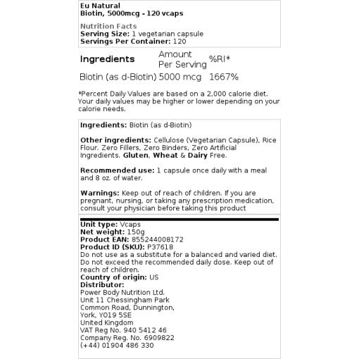 Eu Natural - Biotin, 5000 mcg - 120 Kapseln – Bild 2
