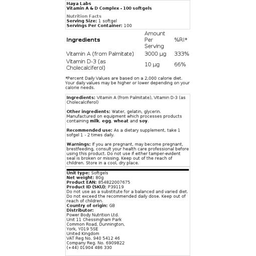 Haya Labs - Vitamin A & D Komplex - 100 Weichkapseln – Bild 2