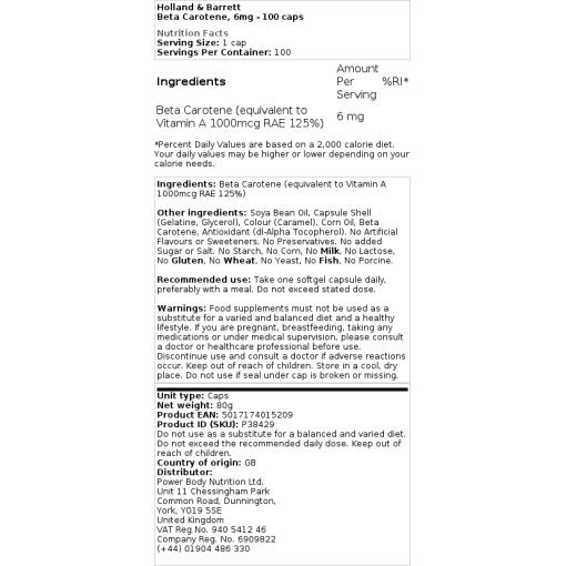 Holland & Barrett - Beta-Carotin, 6 mg - 100 Kapseln – Bild 2
