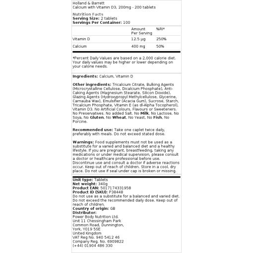 Holland & Barrett - Kalzium 200 mg mit Vitamin D - 200 Tabletten – Bild 3