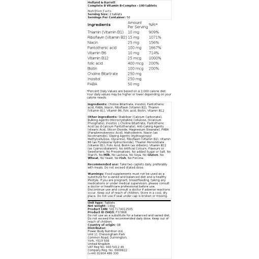 Holland & Barrett - Kompletter B-Vitamin-Komplex - 100 Tabletten – Bild 2