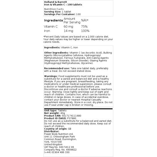 Holland & Barrett - Eisen und Vitamin C - 100 Tabletten – Bild 2