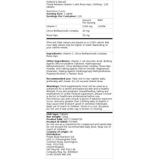 Holland & Barrett - Vitamin C mit zeitgesteuerter Freisetzung und Hagebutte, 1000mg - 120 Tabletten – Bild 2