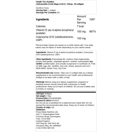 Health Thru Nutrition - Wasserlösliches Q-Gel Mega CoQ10, 100 mg - 60 Weichgelkapseln – Bild 2