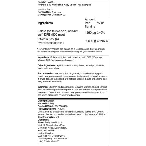 Seeking Health - Hydroxo B12 mit Folsäure, Kirschgeschmack - 60 Lutschtabletten – Bild 2