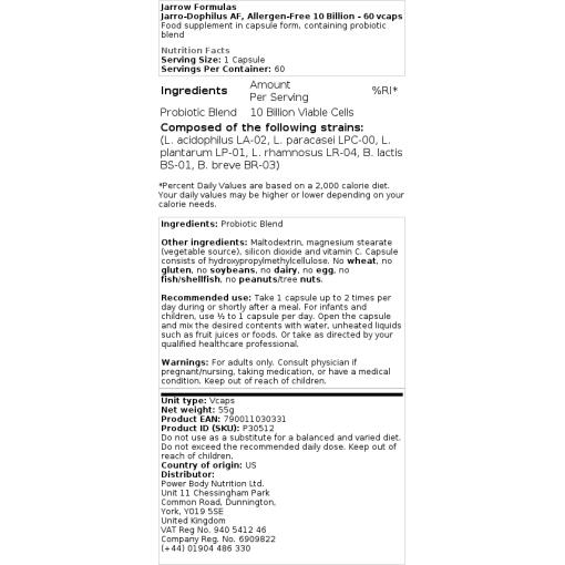 Jarrow Formulas - Jarro-Dophilus AF, allergenfrei, 10 Milliarden KBE - 60 Kapseln – Bild 2
