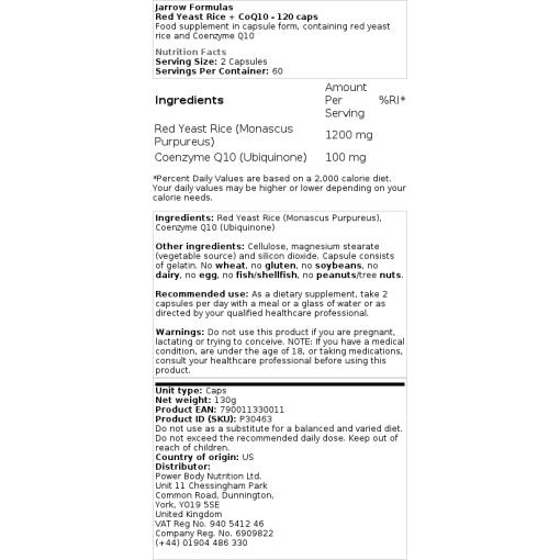 Jarrow Formulas - Roter Reishefe + CoQ10 - 120 Kapseln – Bild 2
