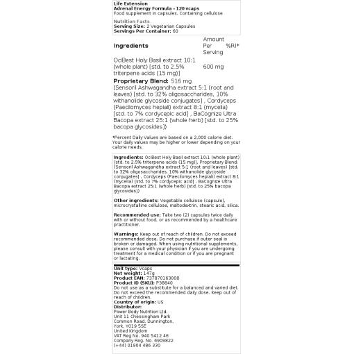 Life Extension - Nebennieren-Energie-Formel - 60 Kapseln – Bild 2