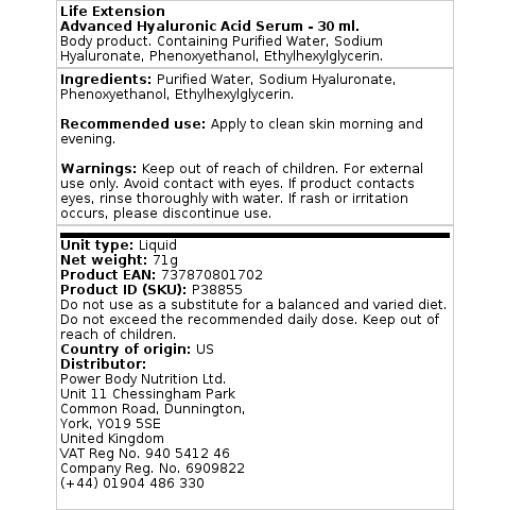 Life Extension - Fortgeschrittenes Hyaluronsäure-Serum - 30 ml – Bild 2