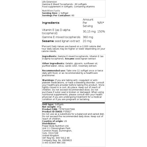 Life Extension - Gamma E Gemischte Tocopherole - 60 Weichkapseln – Bild 2
