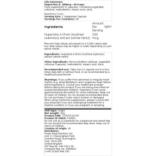 Life Extension - Huperzin A, 200 mcg - 60 Kapseln – Bild 2