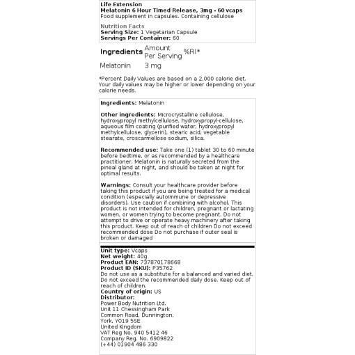 Life Extension - Melatonin 6-Stunden-zeitverzögerte Freisetzung, 3 mg - 60 vegetarische Tabletten – Bild 2