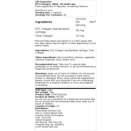 Life Extension - NT2 Kollagen, 40 mg - 60 kleine Kapseln – Bild 2