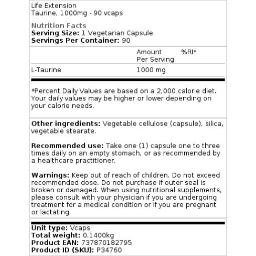 Life Extension - Taurin, 1000 mg - 90 Kapseln – Bild 2