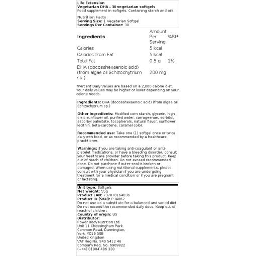 Life Extension - Vegetarisches DHA - 30 vegetarische Weichkapseln – Bild 2