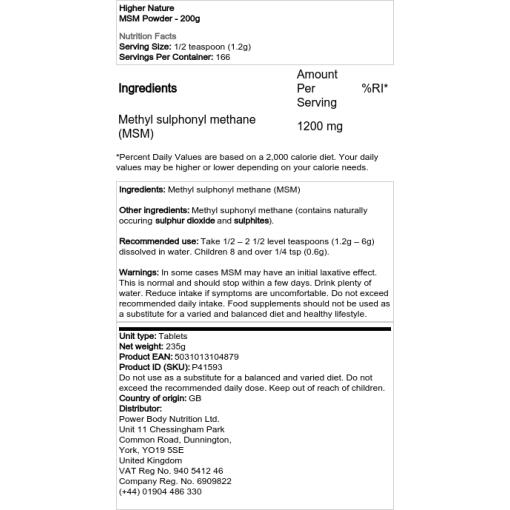 Higher Nature - MSM Pulver - 200g – Bild 2