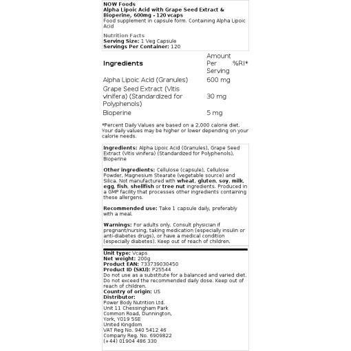 NOW Foods - Alpha-Liponsäure mit Traubenkernextrakt und Bioperine, 600 mg - 120 vegane Kapseln – Bild 2
