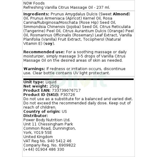 NOW Foods - Erfrischendes Massageöl Vanille-Zitrus - 237 ml – Bild 2