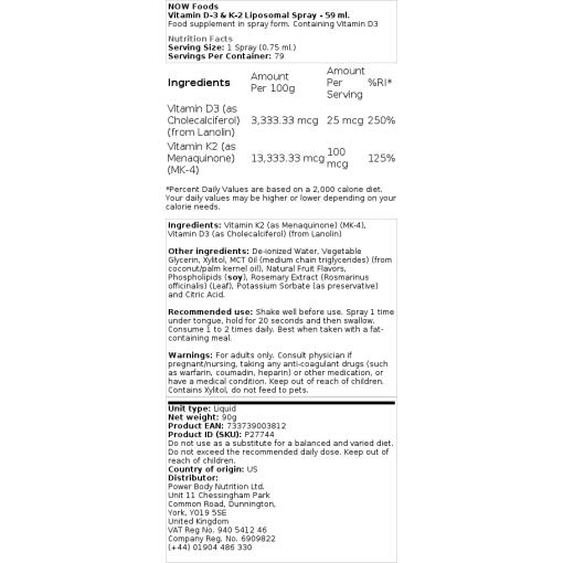 NOW Foods - Liposomales Vitamin D3 und K2 Spray - 59 ml – Bild 2