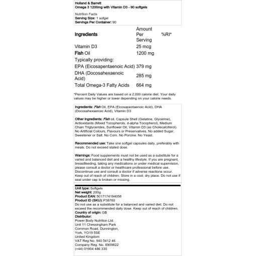 Holland & Barrett - Omega 3 1200mg mit Vitamin D3 - 90 Weichkapseln – Bild 2