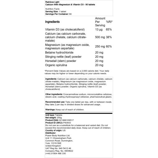 Rainbow Light - Kalzium mit Magnesium und Vitamin D3 - 90 Tabletten – Bild 2