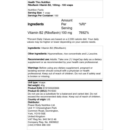 Health Thru Nutrition - Riboflavin Vitamin B2, 100mg - 100 Kapseln – Bild 2