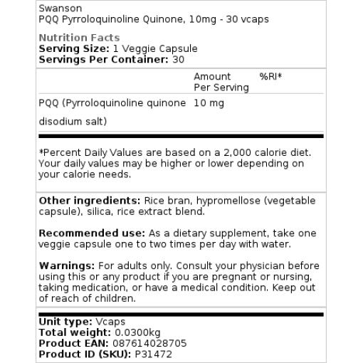 Swanson - PQQ Pyrrolochinolinchinon, 10 mg - 30 Kapseln – Bild 3