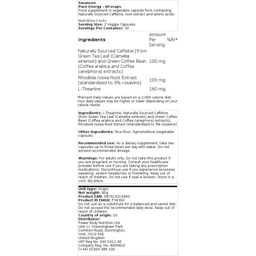 Swanson - Reine Energie - 60 vegetarische Kapseln – Bild 2