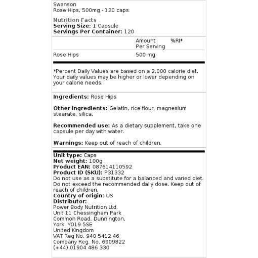 Swanson - Hagebutten, 500 mg - 120 Kapseln – Bild 2