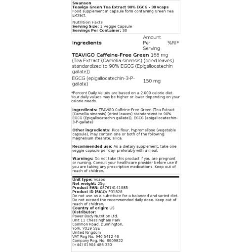 Swanson - Teavigo Grüntee-Extrakt 90% EGCG - 30 Kapseln – Bild 2
