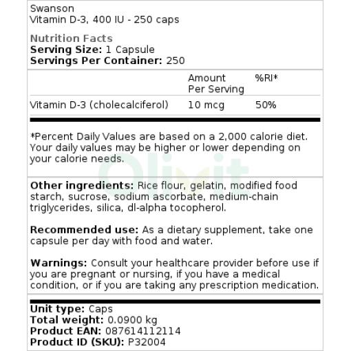 Swanson - Vitamin D3, 400 IE - 250 Kapseln – Bild 2